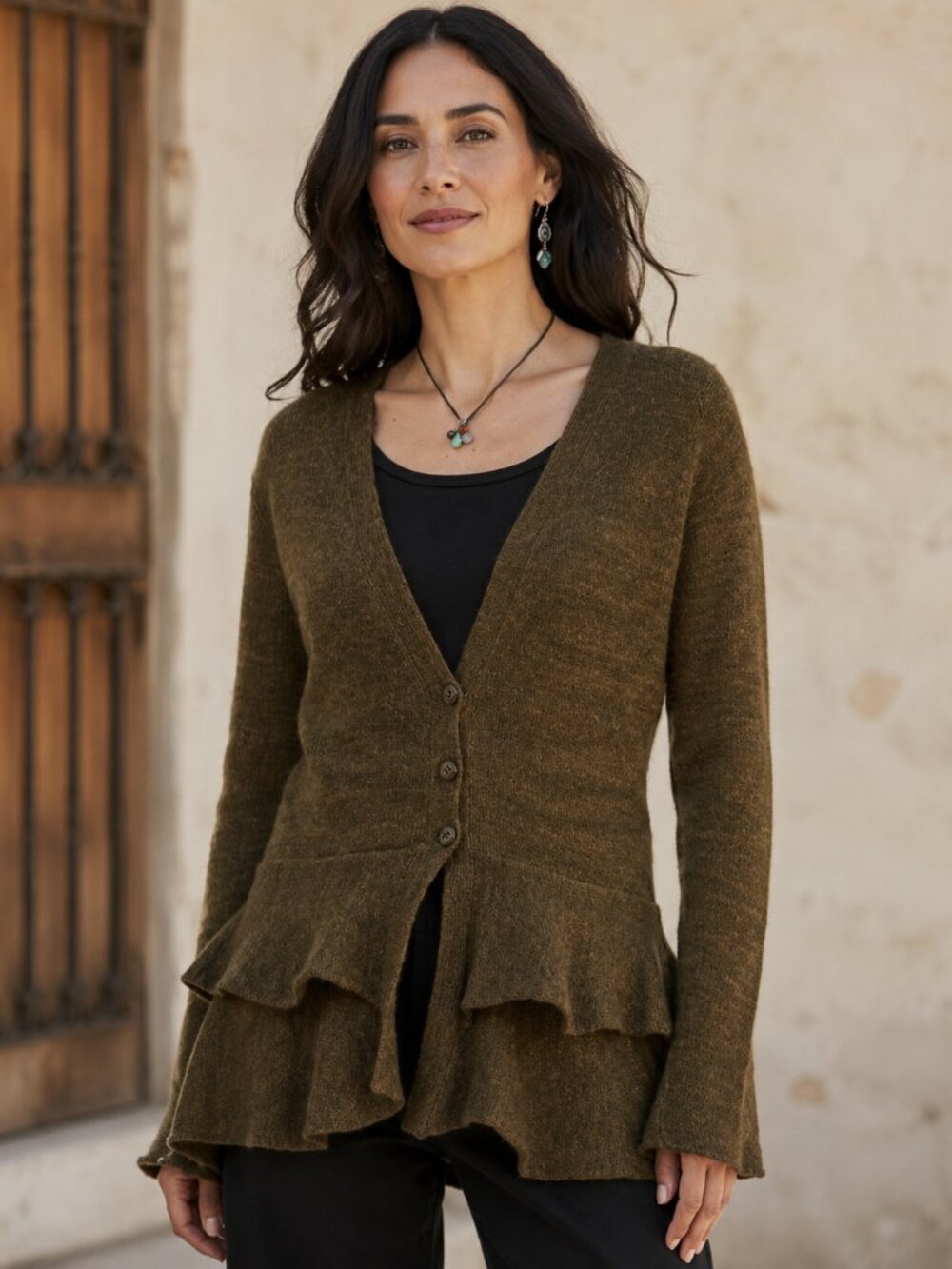 Peruvian Connection‎ Wool Baby Alpaca Ruffle Hem V-Neck Button Cardigan Brown S